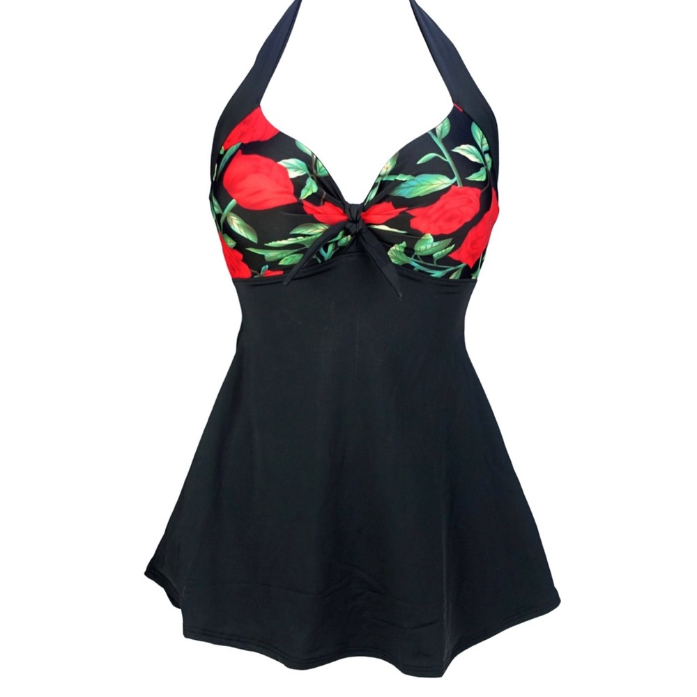 New COCOSHIP Black Rose Print Halter Pin Up Swimsuit Retro Skirtini Swimdress